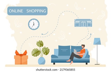 Vector illustration Man uses a website on laptop to order gifts. Online shopping. Ordering items and products on the Internet. Fast delivery from the store. Shop online from home. Holiday Birthday