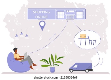 Ilustración vectorial Man utiliza un sitio web en laptop para pedir muebles. Compras en línea. Pedidos de artículos y productos en Internet. Entrega rápida desde la tienda. Compra en línea desde casa.