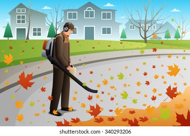 A Vector Illustration Of Man Using Blower To Clean Up Leaves During Fall Season Using A Blower