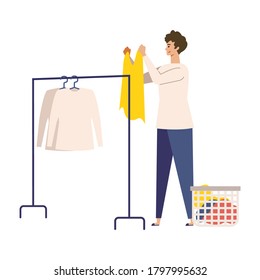 Vector illustration of man using a hanging the laundry. Man doing housework. Stay at home concept.