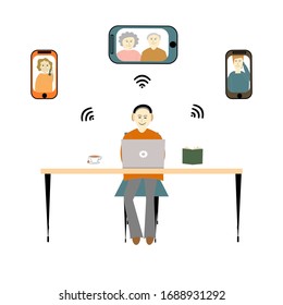 Imagen vectorial de un hombre que usa una laptop para contactar a otras personas a través de dispositivos móviles y el concepto de Internet WiFi de conexión en línea mientras se aísla a sí mismo o se distancia social durante un brote de coronavirus