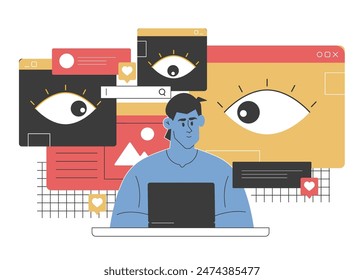 Vector illustration of a man using a laptop surrounded by surveillance icons, highlighting online privacy risks and data protection. Emphasizes the importance of internet security and digital safety.