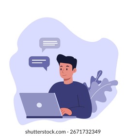 Ilustração vetorial de um homem usando um laptop com bolhas de bate-papo, ideal para temas de tecnologia, trabalho remoto ou comunicação.