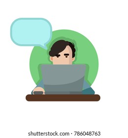 Vector illustration of a man using a laptop with speechbubble