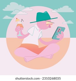 Vector Illustration of man using phone while on holiday