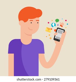 Vector illustration of a man using smartphone and social networks, flat style