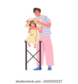 Vector illustration of man using towel to dry child sitting on stool. Their smiles depict happy moment of fatherhood and care after bath.