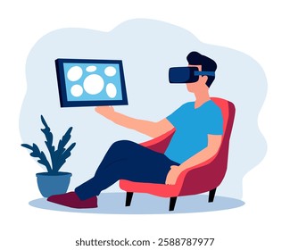 Vector illustration of a man using a VR headset while interacting with a virtual screen. Futuristic technology, innovation, and digital experience theme