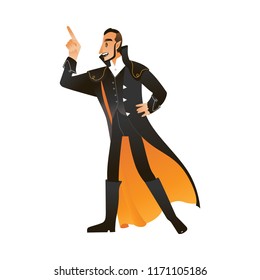 Vector illustration of man in vampire or count Dracula costume for halloween party invitation or greeting card in cartoon style isolated on white background - guy in autumn holiday wear.