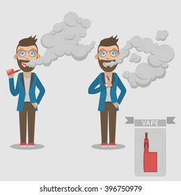 Vector illustration of man with vape and cloud. Flat colorful character vaping.