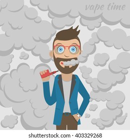 Vector illustration of man with vape and cloud. Flat colorful character vaping.