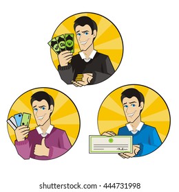 Vector illustration of a man with a variety of payment types in the hands             