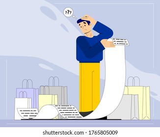 Vector illustration of a man with a very long shopping list or a long check from the store. Packages, bags with purchases, things. Big expense of money. Character in a modern flat style.