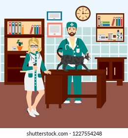 Vector illustration of a man Veterinarian  and nurse  in the clinic examining a cat. Cartoon character.