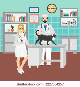 Vector illustration of a man Veterinarian and nurse at cabinet in the vet clinic examining a cat. Cartoon character. 