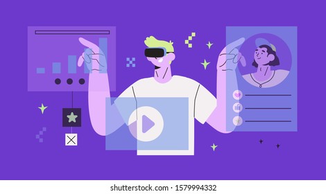 Vector illustration of a man with virtual reality headset working on new project, prototyping application or doing research. Vr technology banner, landing page or blog post element in a trendy style.