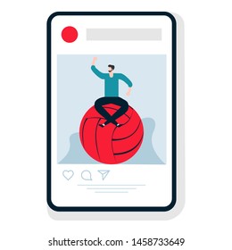 Vector illustration with man, volleyball ball. Playing sports mobile application. Workout for wellness and activity. Healthy lifestyle. Design for app, websites, print, presentation.