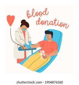 Vector Illustration Of A Man Voluntarily Donated Blood. A Nurse Or Doctor In A Medical Uniform And A Protective Mask Assists At The Blood Transfusion Station. Flat Trending Character.