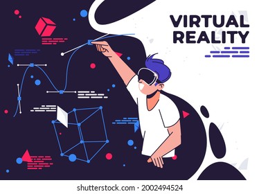 Vector illustration of a man in VR glasses, designing in virtual reality, flat design