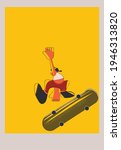 Vector illustration of man waering crop top surfing skateboard.With yellow background.