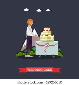 Vector illustration of man waiter and big cake with three tiers. Outdoors wedding party catering. Wedding cake concept design element in flat style.