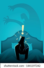 Vector illustration of a man wake up in the middle of the night, stressed and scared from nightmare. Anxiety, panic attack, sleeping disorder concept.