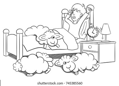 vector illustration of a man wakes up in the morning by the alarm clock