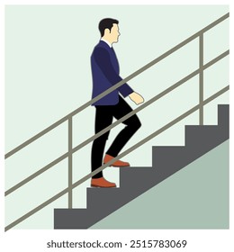 Vector illustration of a man walk on the stairs with but no hold the handrail properly. Safety information and education.