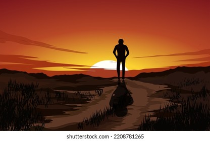 Vector illustration of a man walking alone toward the sunset