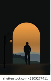 Vector illustration of a man walking alone on street 