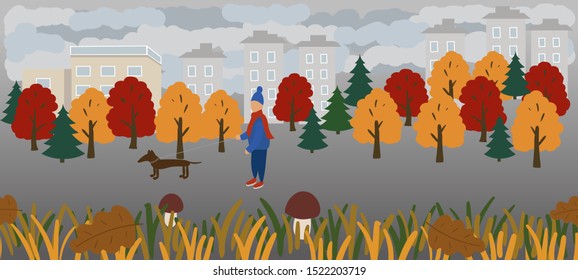 Vector illustration of man walking with dog in autumnal park.Isolated elements