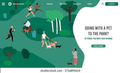 Imagen vectorial de un hombre caminando con un perro. Plantilla de página de inicio de cuidado de mascotas. Diseño plano moderno de diseño de página web para el cuidado de mascotas, página web de tienda de mascotas. Joven con su perro.