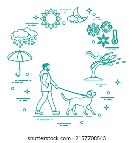 Vector illustration Man walking dog on leash in any weather. Dog walking, training services. Owner. Active recreation concept. Professional Pet Service. Qualified Dog Walker. Sun, cloud, rain, wind