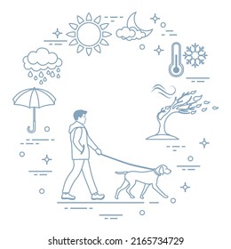 Vector illustration Man walking dog on leash in any weather. Dog walking, training services. Owner. Active recreation concept. Professional Pet Service. Qualified Dog Walker. Sun, cloud, rain, wind