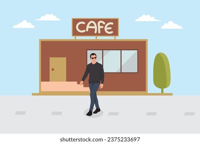 Vector illustration of a man walking in front of a coffee shop.