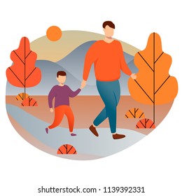 Vector illustration of a man walking with his son on autumn landscape.