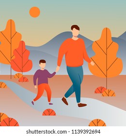 Vector illustration of a man walking with his son on autumn landscape.