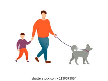 Vector illustration of a man walking with his son and a dog in autumn clothes isolated on white