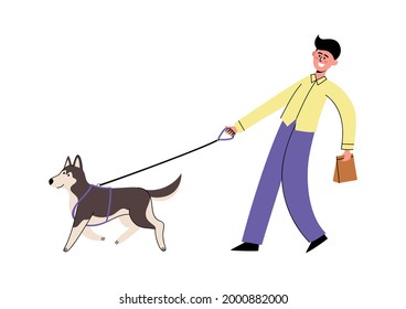 Vector illustration of man walking with his dog.