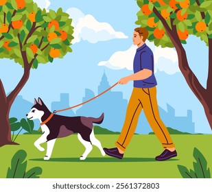 Vector illustration of a man walking a husky dog in a park surrounded by fruit trees. The city skyline is visible in the background under a bright blue sky with clouds. Vibrant and cheerful scene