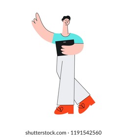 Vector illustration of man walking with laptop and showing index finger up gesture in flat style isolated on white background. Young male character pointing somewhere or having idea.