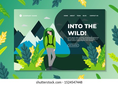Vector illustration - man walking to the mountain peaks. Mountains, trees and hills on background. Banner, site, poster template with place for your text.