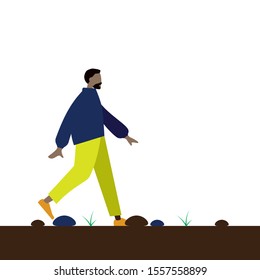 Vector illustration of man walking on ground with pebbles and grass