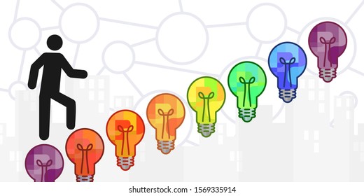 vector illustration of man walking on lightbulbs for creativity and carrier growth concept