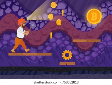 Vector illustration of man walking with pickaxe in bitcoin mine. Cartoon 2d game style illustration.