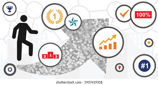 ilustración vectorial del hombre caminando y clasificando símbolos para logros y apreciaciones 