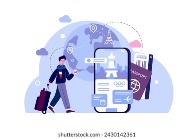 Vector illustration of a man walking with a suitcase. A fan is going to a sporting event in Paris. Concept related to planning and travel. On the background there is a phone, a travel path, a passport