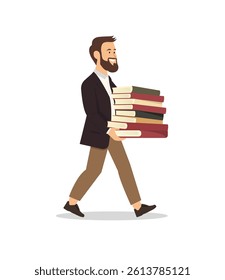 Vector illustration of a man walking while holding a large stack of books, representing knowledge, education, study, learning, and academic or library-related activities.