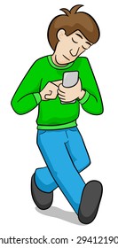 vector illustration of a man walks absently with his smartphone