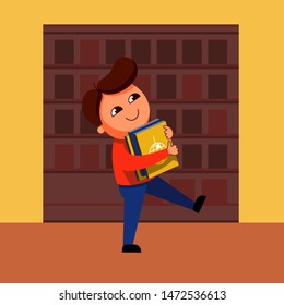 vector illustration, a man walks with books in his hands next to a bookcase in a store